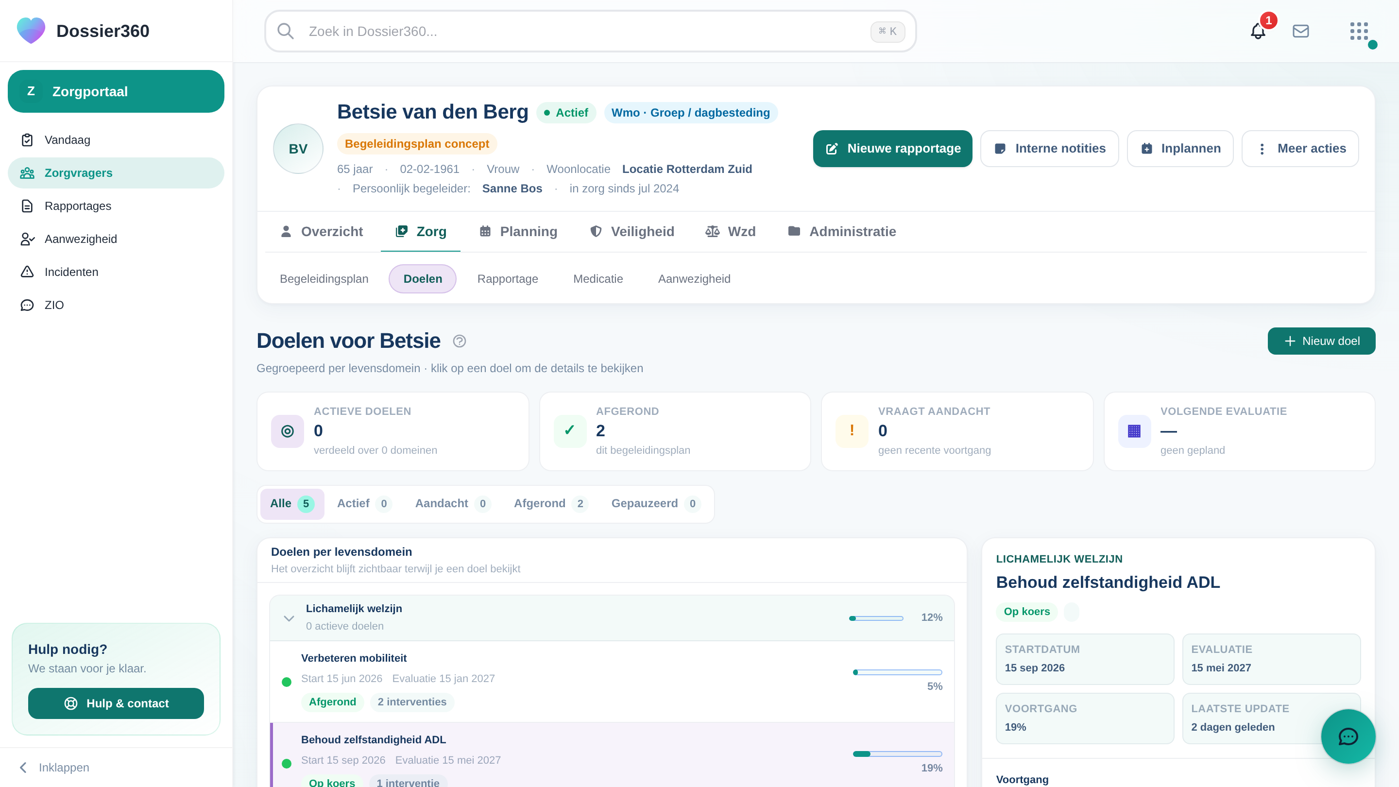 Screenshot van SMART doelen in Dossier360