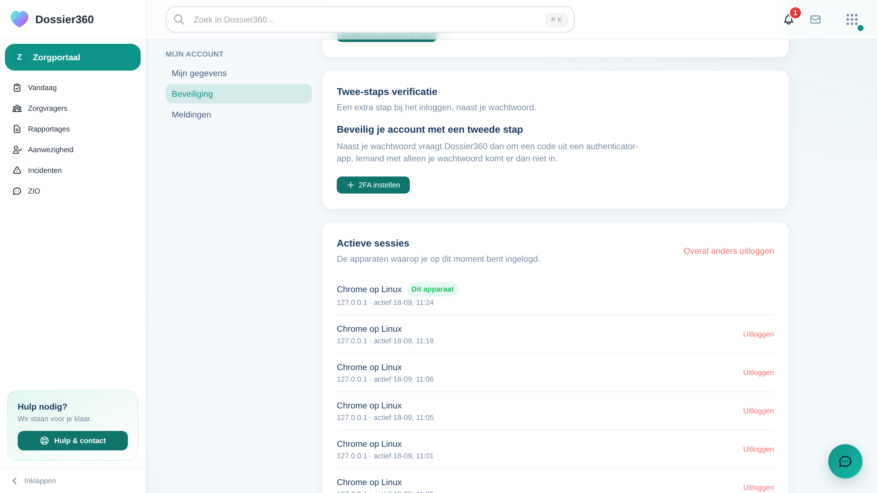 Screenshot van Tweefactorauthenticatie in Dossier360
